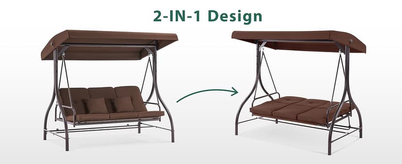 MCombo 3-Seat Outdoor Patio Swing Chair, 2-in-1 Convertible Porch Swing Glider Chair with Removable Cushions, Adjustable Canopy & Pillows for Backyard, Deck, Garden, 4068 (Brown)