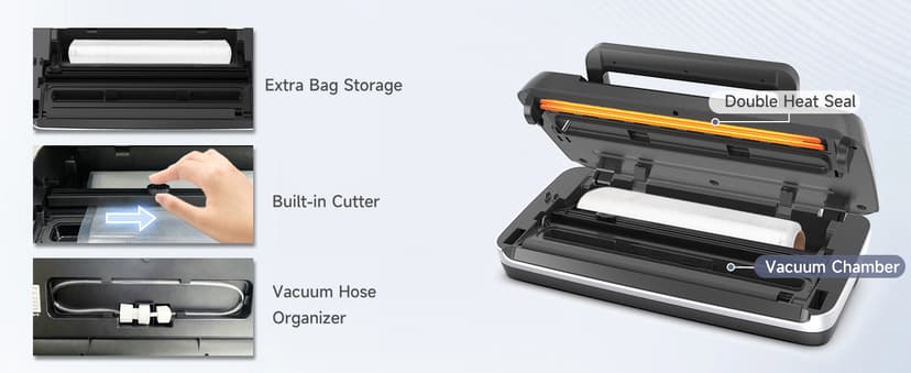 230 Watts Vacuum Sealer for Food, Commercial Vacuum Sealer Machine with Double Heat Seal, Easy Lock Handle, 12 Functions, Bags Storage,Build-in Cutter, 1 Roll and 10 Pre-cut Bags, Progress Display