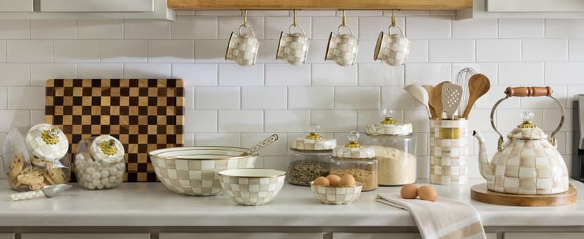 MACKENZIE-CHILDS Enamel Whistling Tea Kettle, Decorative Teapot for Stovetop, Brown-and-White Mocha Check