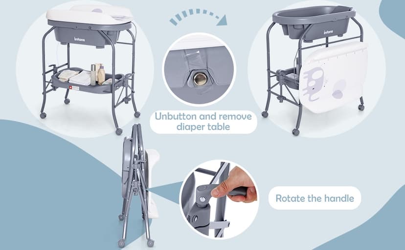 INFANS 2 in 1 Baby Changing Table with Bath Tub Unit, Folding Diaper Dresser Station with Wheels Waterproof Pad Storage Rack, Portable Nursery Organizer Stand for Newborn Infant (Light Grey)