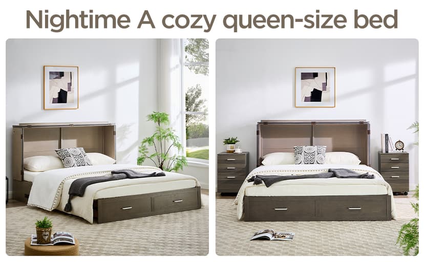 Murphy Bed Cabinet with Mattress, Queen Size Wall Beds with Large Storage Drawer and Charging Station, Hideaway Murphy Bed Chest for Home Office or Small Room (Gray)