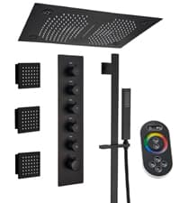 MONDAWE 28 Inch Flush-Mounted Thermostatic Shower System in Matte Black, 64 Colors LED and Bluetooth Control Music Rainfall Shower Head, Handheld Spray and Body Jets, High Pressure Shower Faucet Set