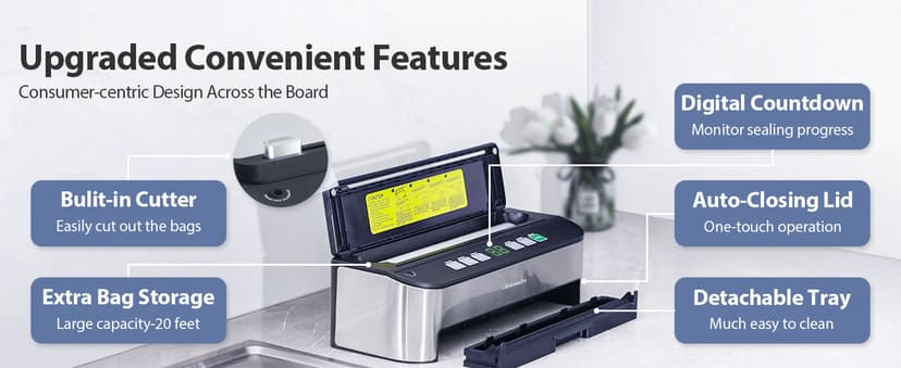 PressFree TRUE-Auto Vacuum Sealer Machine, Beelicious 85KPA Fully Automatic 8-IN-1 Food Sealer with Bags Storage, Build-in Cutter, Moist Mode and Air Suction Hose | Digital Countdown | Sous Vide