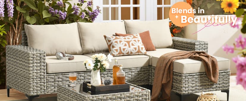 HOOOWOOO Outdoor Sectional Furniture Set,8 Pieces Wicker Patio Conversation Sets,L Shape All Weather Outside Couch Sofa Set with Swivel Chairs Ottoman,Black