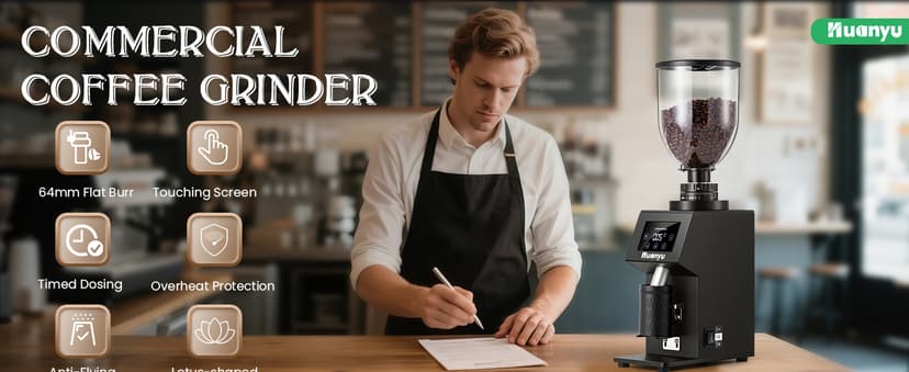 Huanyu Commercial Coffee Grinder with 64mm Flat Burr Anti-Flying Grounds Outlet 26oz Lotus Hopper 8 Stepless Settings Electric Coffee Grinders with Smart Touchscreen for Cafés Restaurants