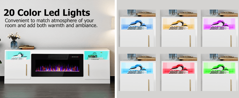 Lemberi Fireplace tv Stand with 36 inch Fireplace Up to 80" TVs,LED Light Entertainment Center and Storage, 70" Modern Wood Media TV Console with Highlight Cabinet for Living Room (White)