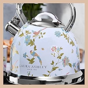 Laura Ashley Elveden White Stovetop Kettle with Whistle - 2.5L Fast Boil Stainless Steel Kettle Stove Top - Silicon Coated Cool Handle Camping Kettle for Gas, Induction Hob - Compatible with Aga Stove