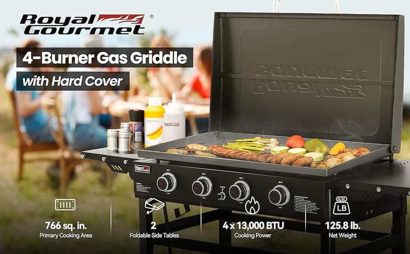 Royal Gourmet GB4000P 4 Burner Propane Gas Griddle with Hard Cover and Foldable Side Tables, 35-Inch Flat Top Grill with 766 Sq. In. Cooking Area for Backyard and Tailgating, Black