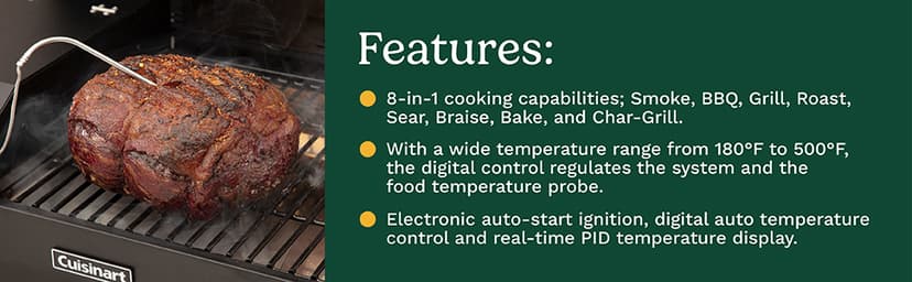Cuisinart 8-in-1 Portable Wood Pellet Grill and Smoker, Compact for RV, Tailgates, Camping, and Backyard Cooking, Smoky Flavor, Versatile Meat Smoker