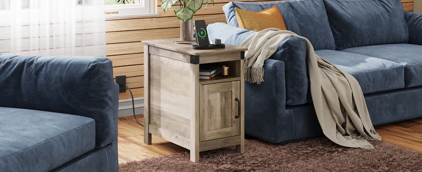 WLIVE End Table with Charging Station, Narrow Side Table for Living Room, Farmhouse Night Stand with Storage, Small Wooden Cabinet with USB Ports and Outlets for Living Room and Bedroom, Espresso