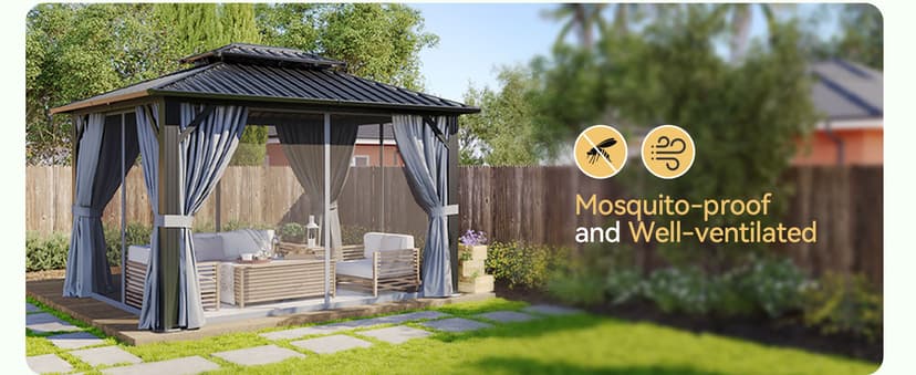 Aoxun Hardtop Gazebo 10x12, Aluminum Frame Canopy with Double Galvanized Steel Roof, Outdoor Gazebo with Breathable Netting and Privacy Curtain for Backyard