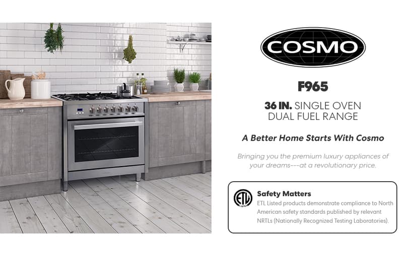 COSMO F965 36 in. Stellar Collection 3.8 cu. ft. Dual Fuel Range, 5 Sealed Burners, 8 Function Convection Oven in Stainless Steel