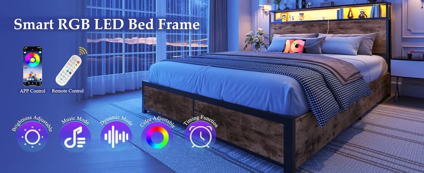 Lifezone Queen Bed Frame with 2-Tier Storage Headboard, Metal Platform Bed Frame with 4 Storage Drawers, Built in Charging Station & LED, Noise-Free/Metal Support/No Box Spring Needed, Vintage Brown