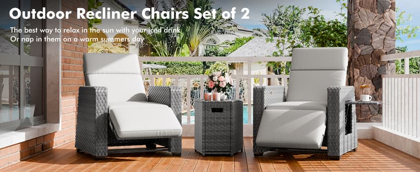 Outdoor Recliner Patio Chair, All-Weather Wicker Furniture Reclining with Air Pump, 150° Lay-Flat Position, Extended Footrest, Flip-Up Side Table, Removable Gray Olefin Cushions