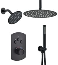 MONDAWE 28 Inch Flush-Mounted Thermostatic Shower System in Matte Black, 64 Colors LED and Bluetooth Control Music Rainfall Shower Head, Handheld Spray and Body Jets, High Pressure Shower Faucet Set