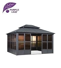 PURPLE LEAF 10' X 14' Permanent Hardtop Gazebo Aluminum Gazebo with Galvanized Steel Double Roof for Patio Lawn and Garden, Curtains and Netting Included, Grey