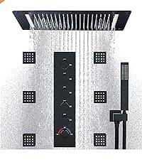 HOMEDEC Luxury Full Body Shower Jets System, 15x28inch Rain Shower Faucet Set Combo with 4pcs Adjustable Large Body Jet with Handheld Spray (Matte Black, 3 Functions Shower Head)