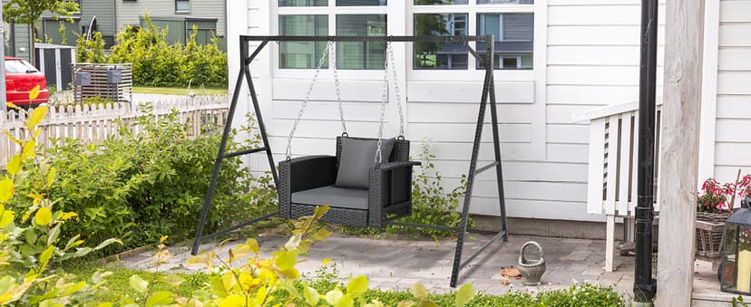 VINGLI 2.2 FT 1-Person Use Rattan Porch Swing Outdoor Support 440 LBS with Cushions & Adjustable Chains, Patio Wicker Swing Bench Chair for Garden, Yard, Lawn, Tree, Black