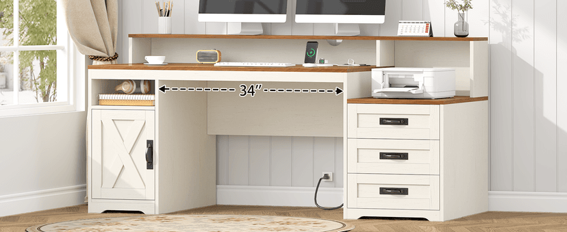 TVU Farmhouse Computer Desk with Drawers, 65'' Home Office Desk with Power Outlets, Storage Cabinet and Printer Stand, Study Writing Desks with Long Monitor Stand, White