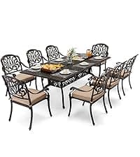 7 Piece Outdoor Dining Set Cast Aluminum, Retro Patio Dining Furniture Set for 6 Includes 59” Rectangular Table 2 Swivel Chairs with Thicker Cushions and Umbrella Hole for Patio Deck Garden