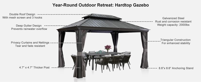PURPLE LEAF 10' X 14' Permanent Hardtop Gazebo Aluminum Gazebo with Galvanized Steel Double Roof for Patio Lawn and Garden, Curtains and Netting Included, Grey