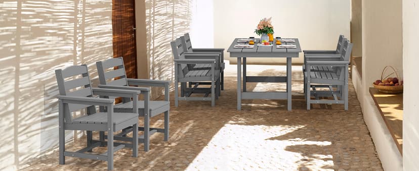 SERWALL Outdoor HDPE Dining Table Set, 7-Piece Outdoor Dining Table Sets with Umbrella Hole Cut-Out Table and 6 Chairs, Gray