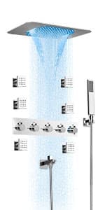 Smart Shower System with Body Jets, Black Shower Head and Handle Set,16" Ceiling Mount Rainfall Waterfall Shower Jets System with Tub Spout,Thermostatic Shower System Bathroom with Music and Led Light