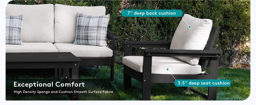 SERWALL HDPE Patio Furniture Set, 7-Piece Outdoor Sectional Sofa Set, All Weather Outdoor Couch Set for Deck, Lawn, Black Frame with Khaki Cushion