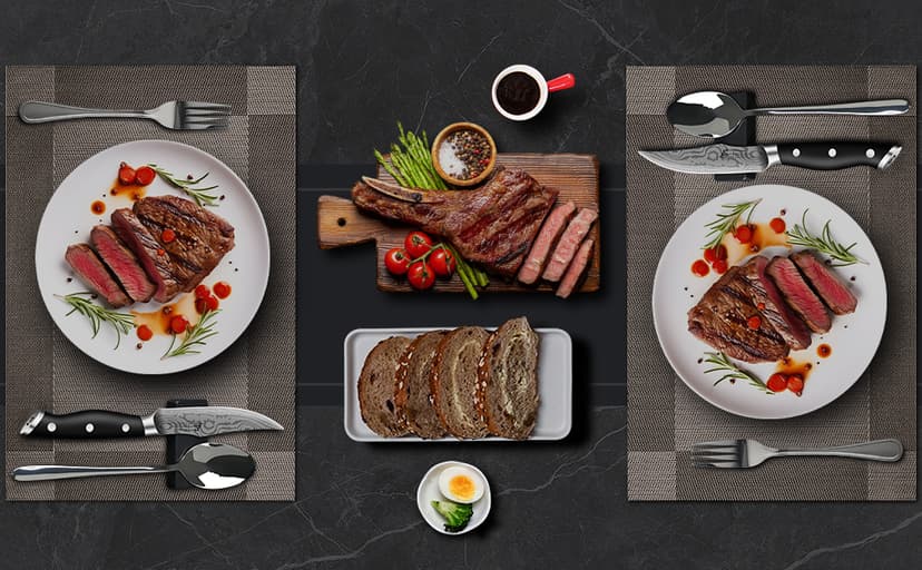 Steak Knives Set of 8, 4.8 Inch Straight Edge Ultra Sharp Durable Meat knives with Rest, High Carbon Stainless Steel Damascus Pattern Triple Rivet Handle, Ideal for Home Restaurant Party