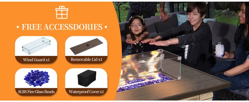 43" Propane Fire Pit Table Outdoor Stone Firepit Table Rectangular 50000 BTU Propane Fire Tables for Outside Patio with Wind Guard, Table Lid, Fire Beads, Cover,Pizzello Caldo (Buff)