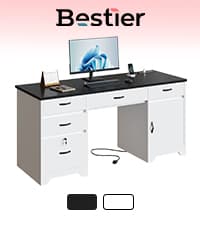 Bestier 59” Computer Desk with 4 Drawers, Office Desk with Storage, Industrial Executive Desk with File Drawer, Keyboard Tray & 2 Pedestals on Both Sides for Home Office & Studio, Grey
