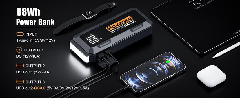 5000A Jump Starter Povasee Car Battery Jump Starter, 12V Jump Box for car up to All Gas or 10L Diesel Engine Battery Jumper Starter Portable with 3" LCD Display Power Bank/Dual Output/LED Light