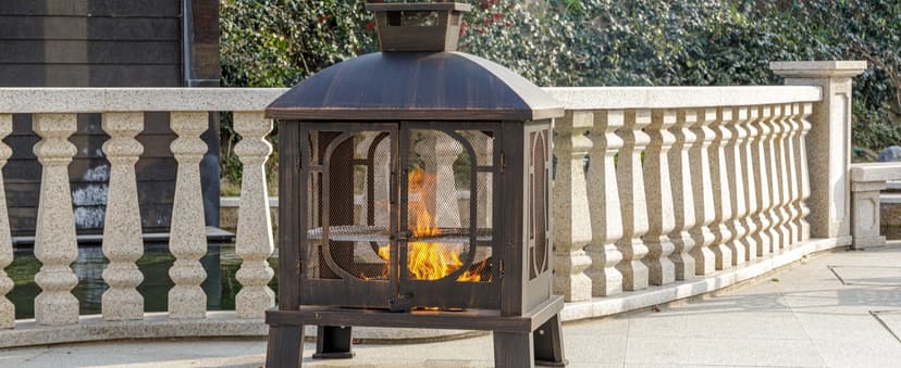 45" H×31''W Metal Chiminea Fire Pit with Grill, Wood Burning Fire Pits for Outside,Square Chimineas Fireplace with Mesh Spark Screen Door& Fire Poker for Garden,Yard,BBQ,Bonfire