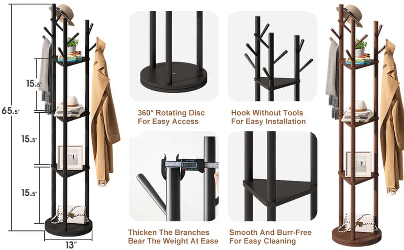 FILWH Bamboo Coat Rack Rotary Freestanding with Shelf Coat Tree Stand for Hallway Entryway with 9 Hooks and 3 Storage Shelves (Black)