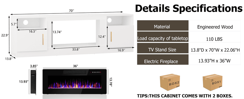 Lemberi Fireplace tv Stand with 36 inch Fireplace Up to 80" TVs,LED Light Entertainment Center and Storage, 70" Modern Wood Media TV Console with Highlight Cabinet for Living Room (White)