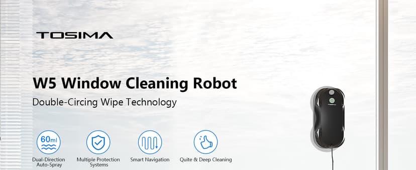 Tosima W5 Window Cleaning Robot, Dual Direction Auto-Spray Smart Window Cleaner with Triple Safety System, Smart Navigation, Remote Control, for All Smooth Surfaces, with 8 Rags, Black