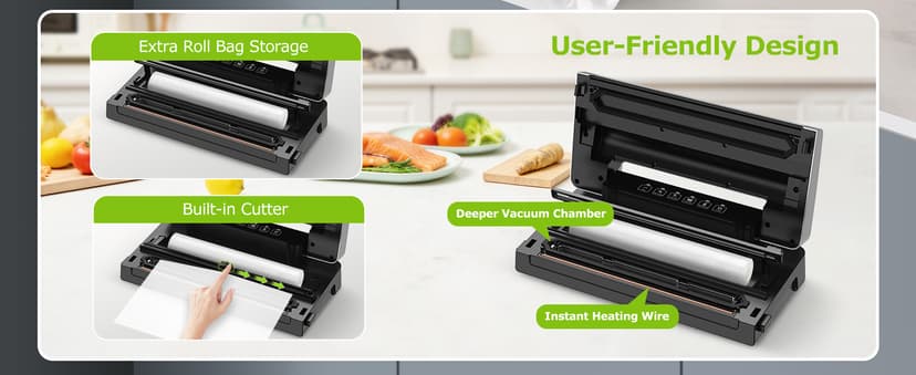 Bonsenkitchen Food Vacuum Sealer Machine with External Vac Function, Built-in Cutter & Bag Storage, 5 Modes for Various Food Types, Includes 10 Bags & 1 Roll (Silver)