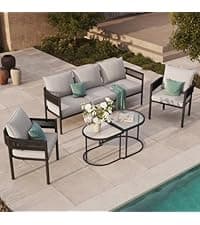Grand patio 5-Piece Outdoor Furniture Set, 5 Seats Wicker Sofa Conversation Set with 3-Seat Couch, Thick Cushions and Coffee Table, for Backyard, Balcony, Garden (Beige)