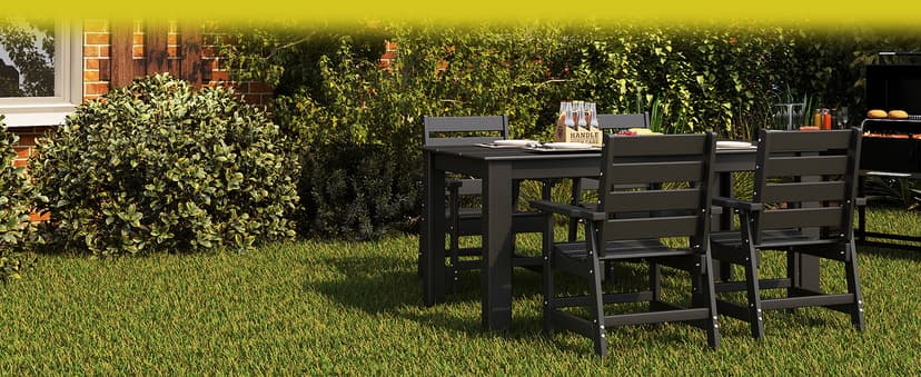 GREENVINES 7-Piece Outdoor-Dining-Set | HDPE Plastic 67'' Table and Chairs Sets for 6 | Patio Furniture | All Weather | Umbrella Hole | Black | for Poolside Garden Backyard