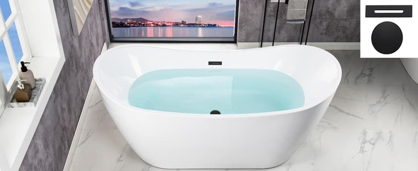 WOODBRIDGE 67" Acrylic Freestanding Bathtub Contemporary Soaking White Tub with Brushed Gold Overflow and Drain,B0010-BG