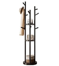 KungFuWood Coat Rack, Solid Wood Rotary Coat Rack Stand, Freestanding Coat Rack with 3 Shelves and 9 Hooks, Sturdy and Easy to Assemble Coat Tree for Entryway, Bedroom, Coats, Bags (Black)