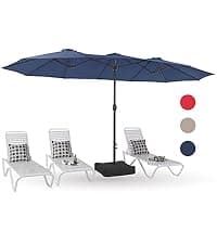 PHI VILLA 15ft Large Patio Umbrellas with Base Included, Outdoor Double-Sided Rectangle Market Umbrella with Stand, Outside Umbrellas for Poolside Lawn Backyard, Beige