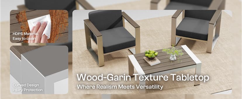 Outdoor Furniture Set, 4 Piece Aluminum Patio Furniture Set with Coffee Table, Wide Seat and Thick Cushions, Outdoor Patio Conversation Sets for Deck, Porch (LightGray)