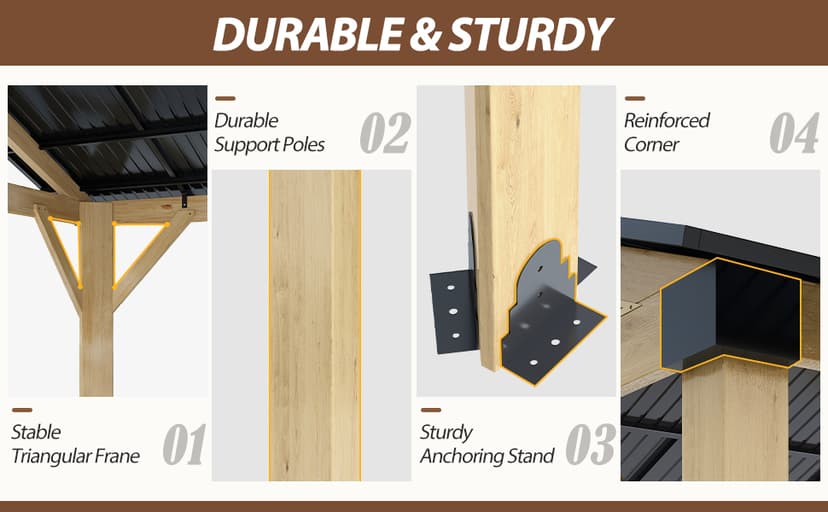 10' x 12' Wood Gazebo, Outdoor Cedar Hardtop Wooden Frame Gazebos with Galvanized Steel Roof for Garden, Patio, Deck