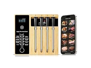 Smart Wireless Meat Thermometer 4 Probes, Bluetooth Food Thermometer, Remote Tracking and Real-Time Readings from Apps, for iOS and Android, for BBQ, Grill, Smoker