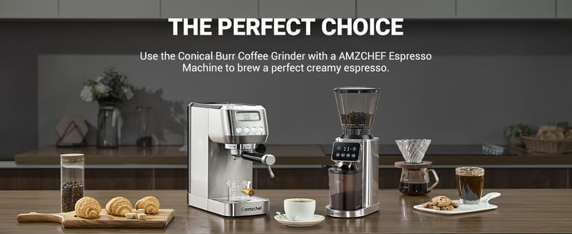 AMZCHEF Coffee Grinder, Coffee Bean Grinder for Home Use with Precise Grinding, LED Control Panel, Detachable Funnel Stand, Anti-static Design, 48 Grind Settings, silver
