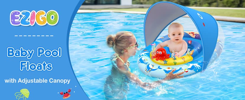 EZIGO Baby Pool Float with Canopy UPF50+ Sun Protection, Inflatable Kids Pool Floats with Ocean Animal Toys for Baby 6-36 Months, Infant Swimming Float with Adjustable Safety Seat for Boys Girls