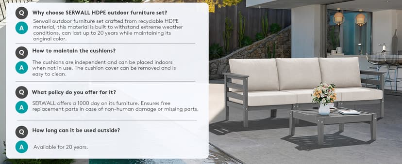 SERWALL HDPE Patio Furniture Set, 10 Pieces Outdoor Sectional Sofa Set, All-Weather Wood-Like Outdoor Sofa Couch with Coffee Table for Deck, Lawn, Grey Frame with Khaki Cushion