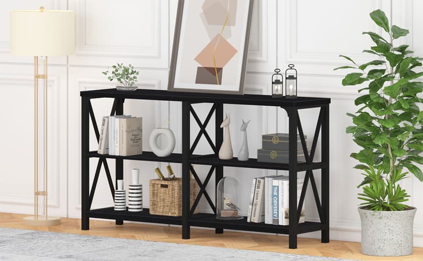IBF Black Console Table, Modern Industrial Sofa Table with 3 Tier Storage Shelves, Farmhouse Wooden Metal Entryway Table for Living Room, Hallway, or Foyer, Black Oak, 63 Inch