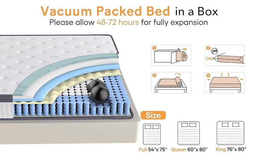 King Size Mattress, 10 inch Hybrid Mattress in a Box, Medium Firm, Pressure Relief & Motion Isolation, Gel Memory Foam Pocket Springs, CertiPUR US Certified, 365 Nights Trial